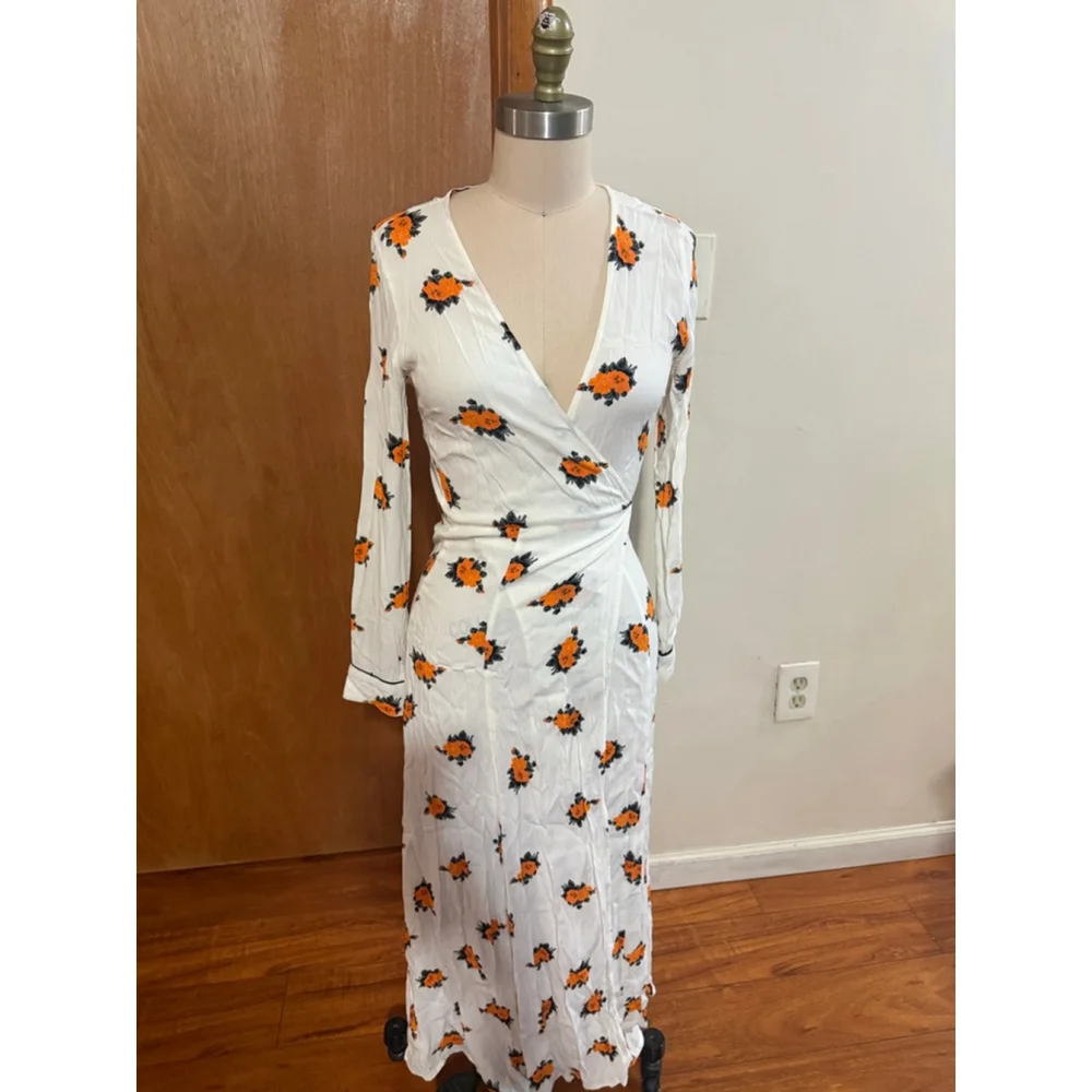 Women's GANNI Long Sleeve Wrap Dress in White with Orange Floral, Size 4